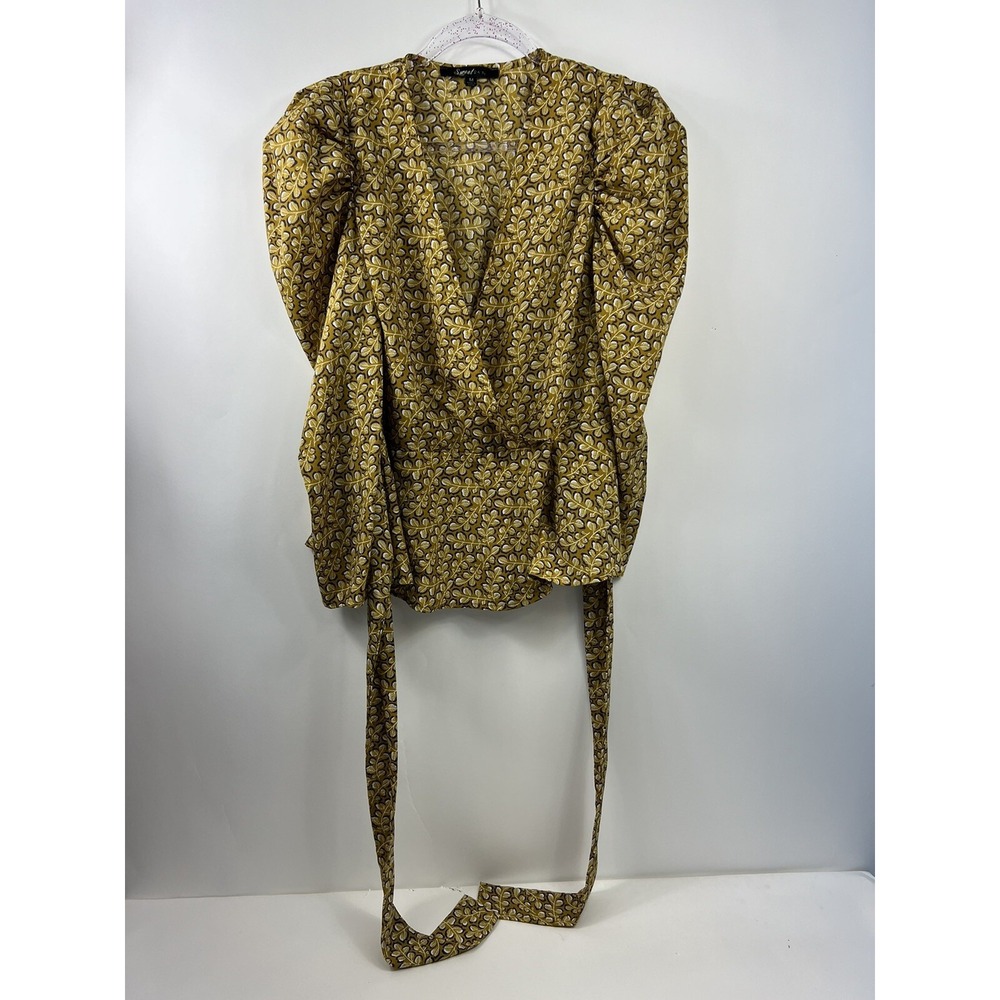 Sweet Rain Top Women's Size M Gold Multicolor False Wrap V-Neck Tie Waist